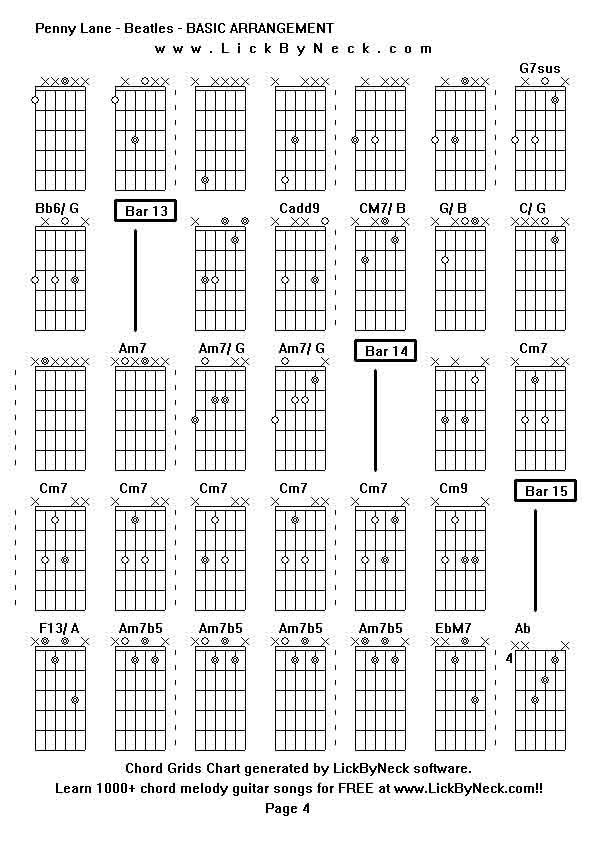 Chord Grids Chart of chord melody fingerstyle guitar song-Penny Lane - Beatles - BASIC ARRANGEMENT,generated by LickByNeck software.